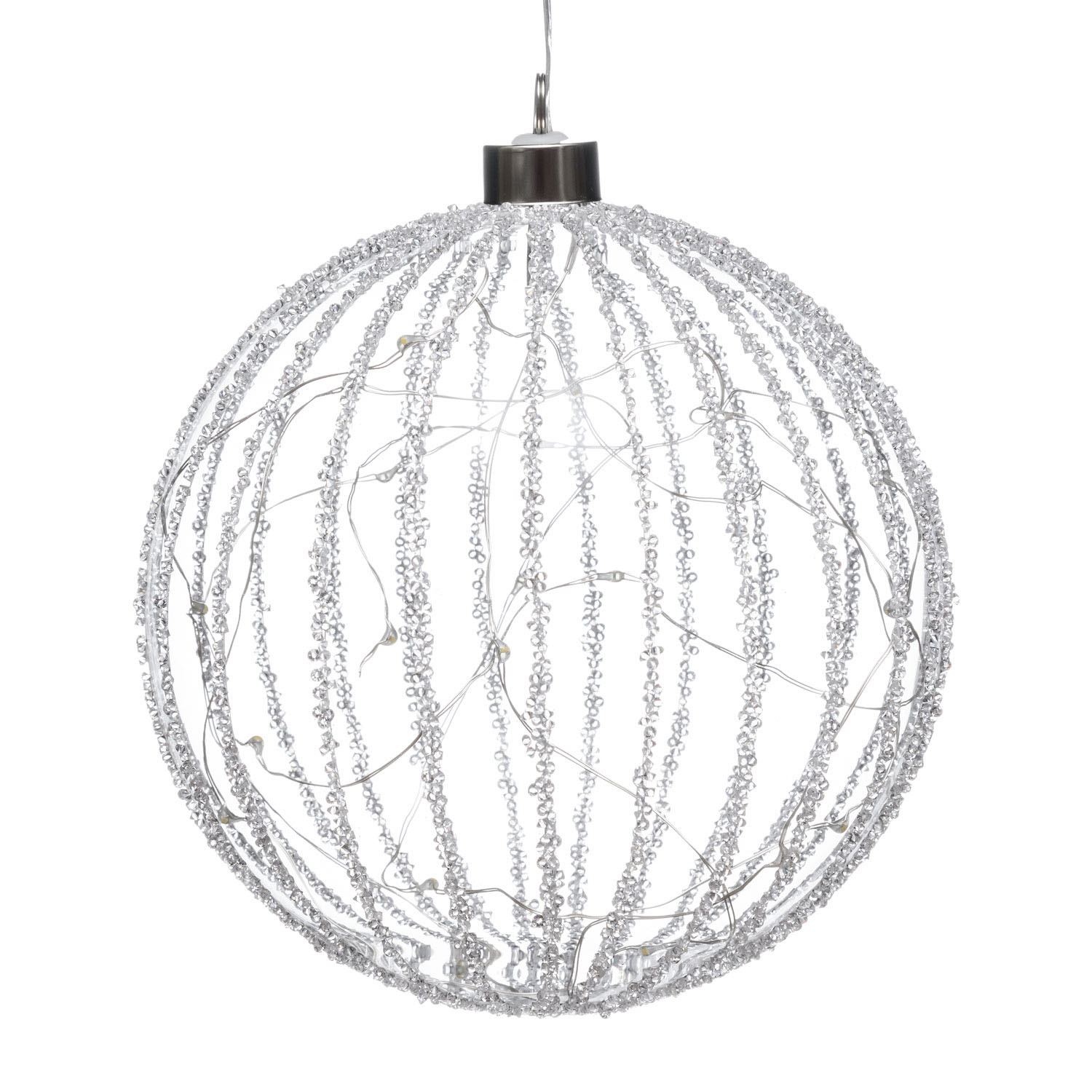LED Glas Sphere Kugel mit Strass Steinen Silber  15 Cm - Timer längliche Streifen + Fernbedienung
