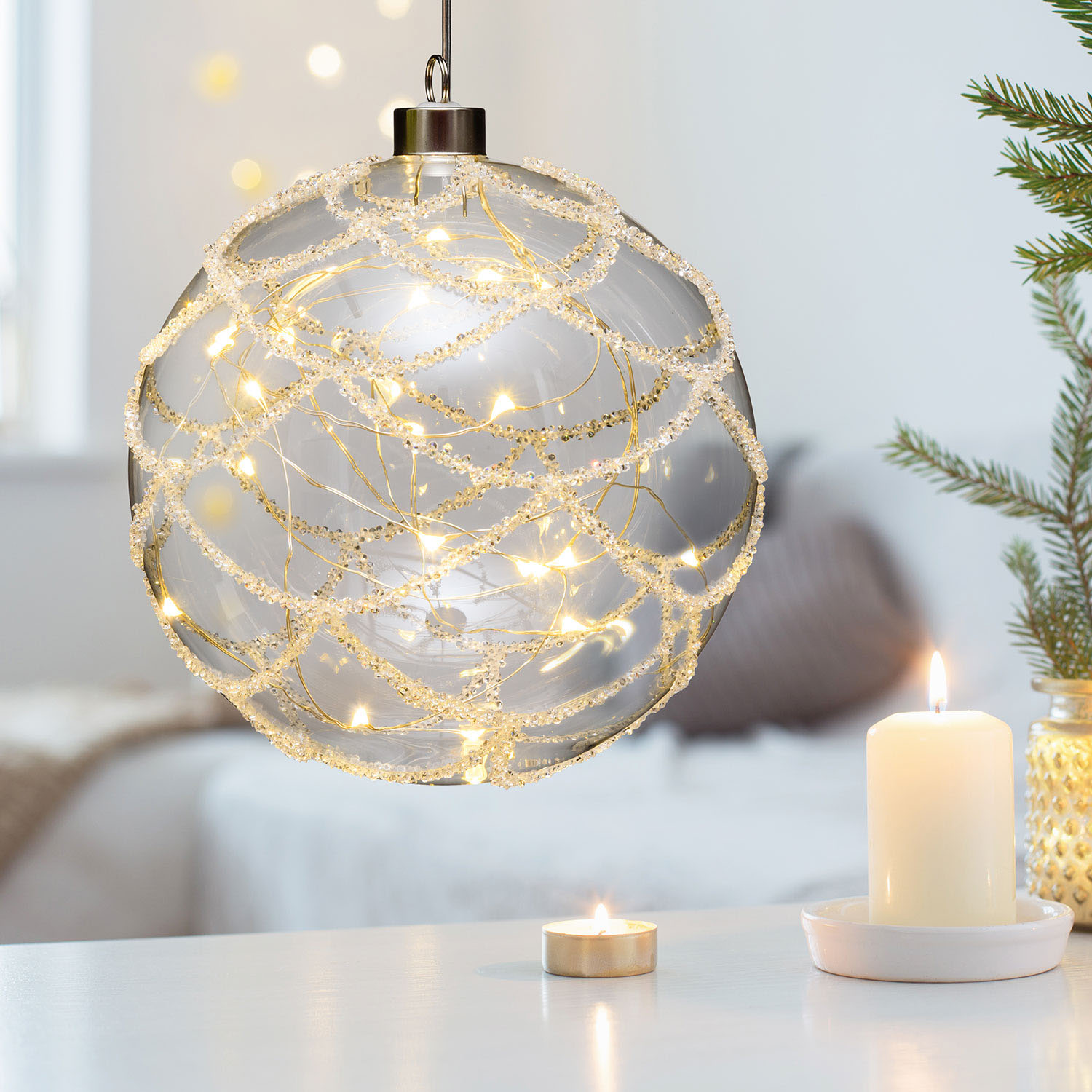 LED Glas Sphere Kugel mit Strass Steinen Silber  15 Cm - Timer + Fernbedienung