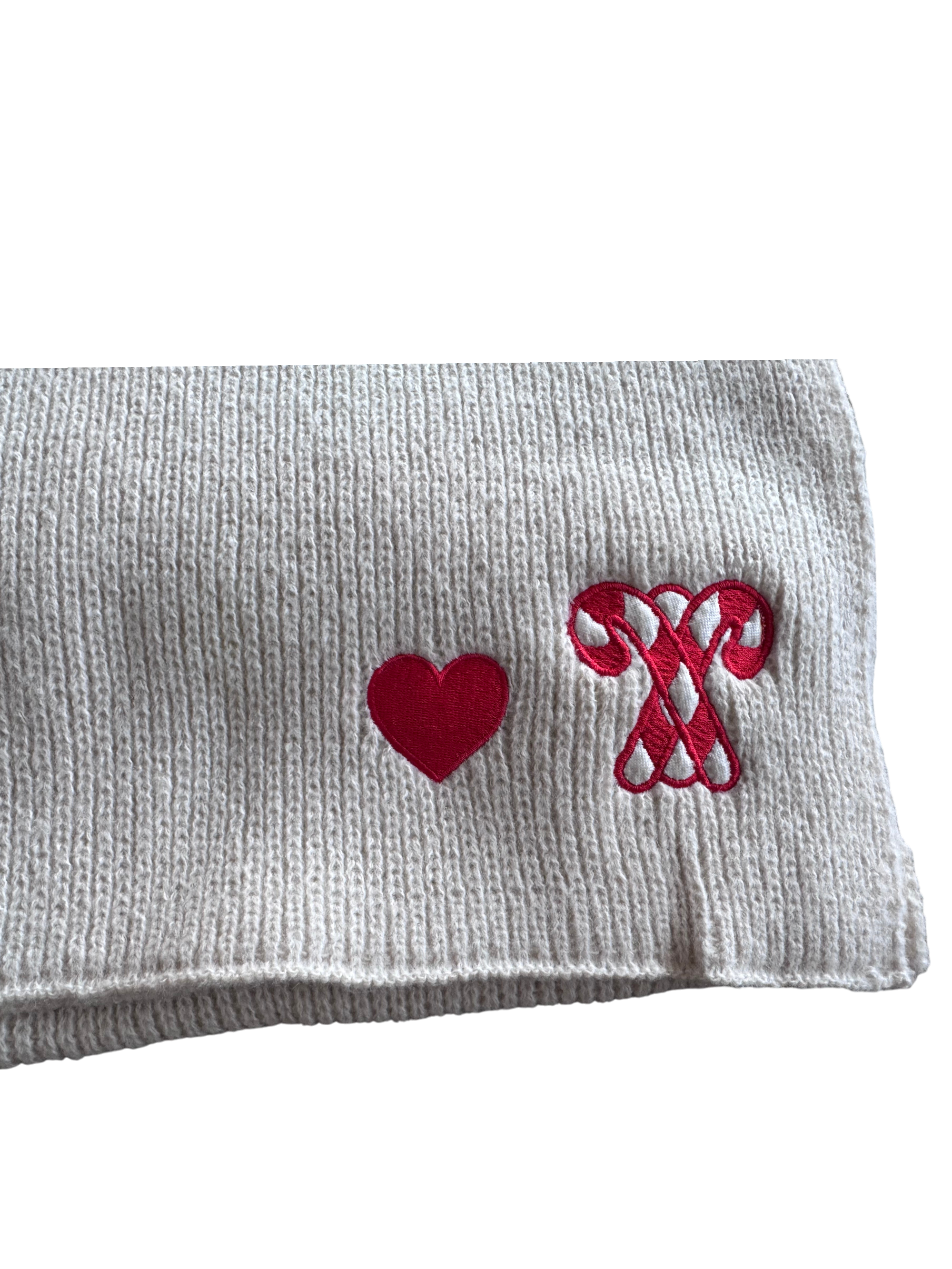 Schal Beige mit Herz und Zuckerstange in Rot